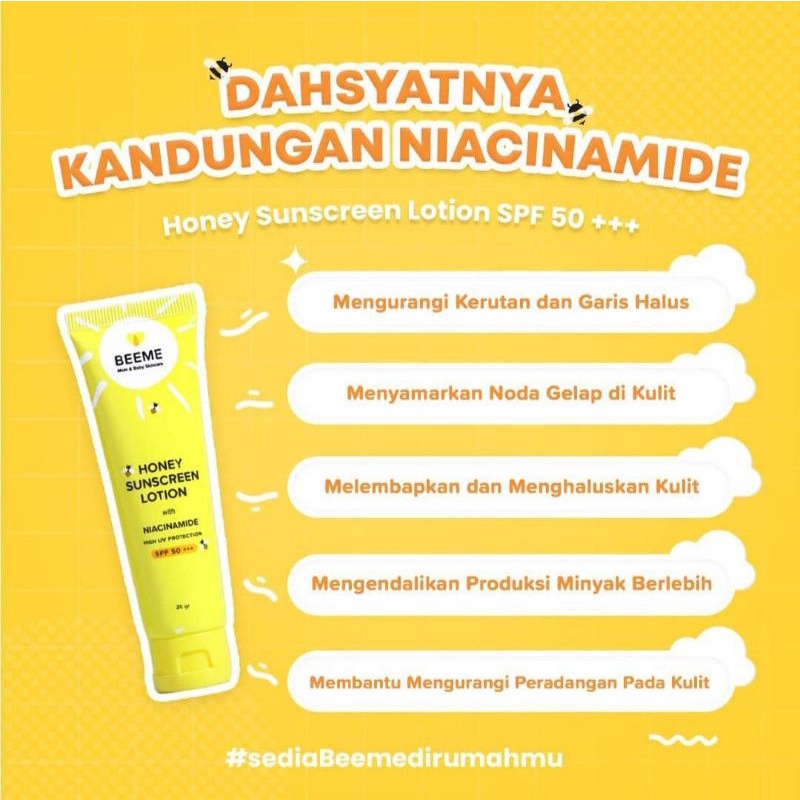 Reseller Resmi Beeme Honey Sunscreen Lotion with Niacinamide SPF 50+++ 20gr Suncreen Ibu dan Anak