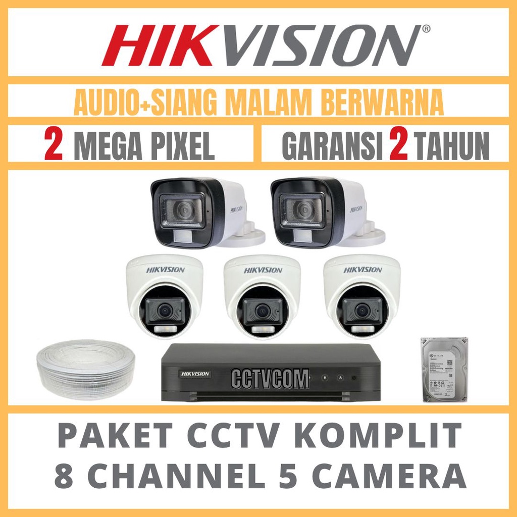 PAKET CCTV HIKVISION COLORVU 2MP 8 CHANNEL 5 CAMERA COLORFULL