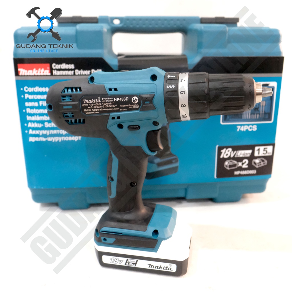 CORDLESS IMPACT DRILL 13mm MAKITA HP488 18V / Bor Tangan Besi Kayu Beton BATERAI BATTERY HP 488  MAKITA