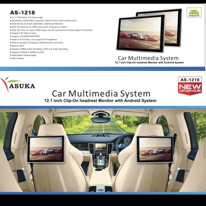 Video Tv Headrest Clip On Android Asuka As- 1218 Ultra Hd 4K