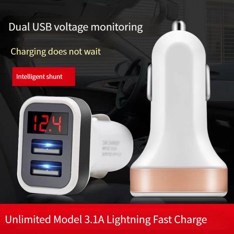 (ada stok, dikirim dari jakarta) Adaptor charger mobil yang cepat,  Adaptor charger mobil pengisi daya cepat ponsel auto tampilan LCD port USB ganda 3.1A