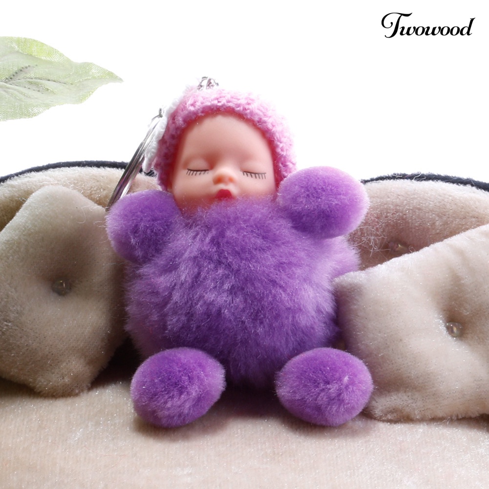 Twowood Gantungan Kunci Boneka Bayi Tidur Pompom Fluffy Hiasan Pita