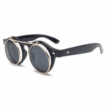 Kacamata Hitam Klasik Double Frame Retro Steampunk Bisa Buka Tutup / Kacamata Bundar hitam Vintage Double Frame Pria Wanita Kacamata Steampunk Fashion Anti Radiasi UV Korea Jepang Fashion Style / Kacamata Dua Lensa Clip On Kacamata Jalan Jalan Pria Wanita