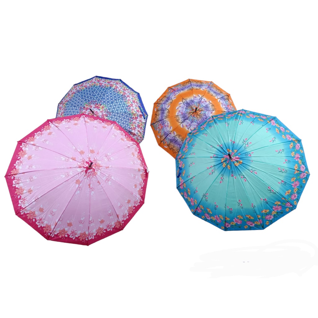 Payung 12 Jari Satin Saten Besar Standar Motif Bunga Kembang Umbrella Kuat Anti Hujan UV Lucu Warna / PAYUNG MURAH