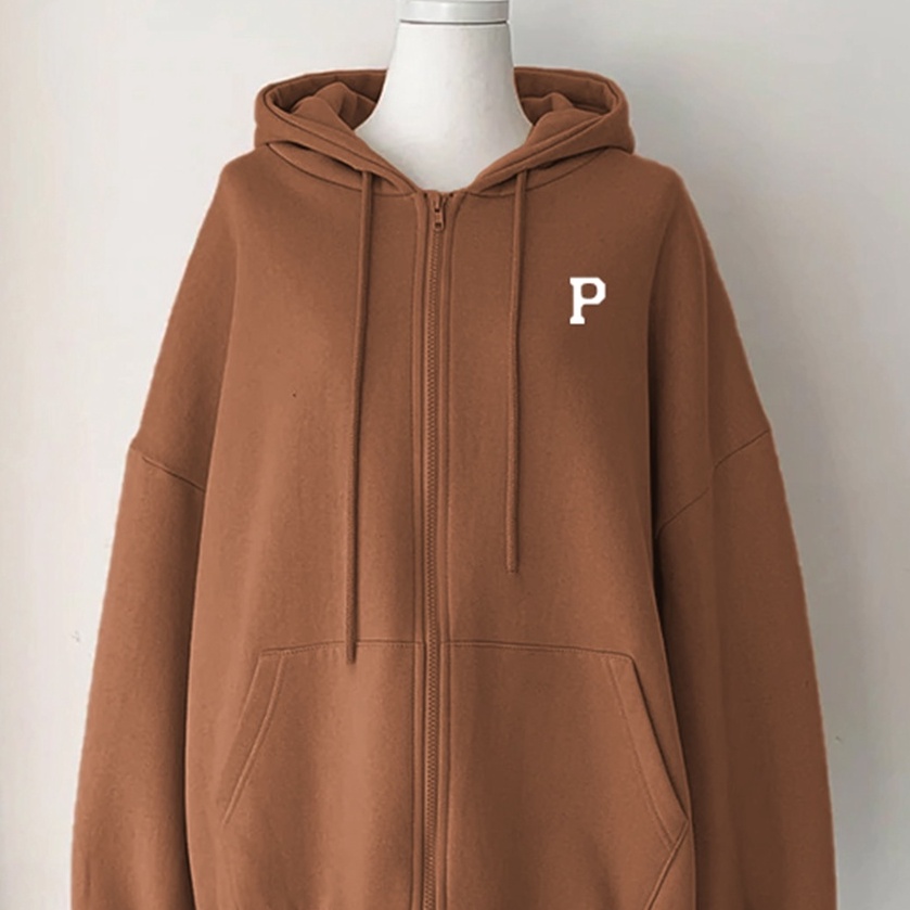 Hoodie Zipper Wanita Dan Pria initial P - Bahan Fleece - Size XXL