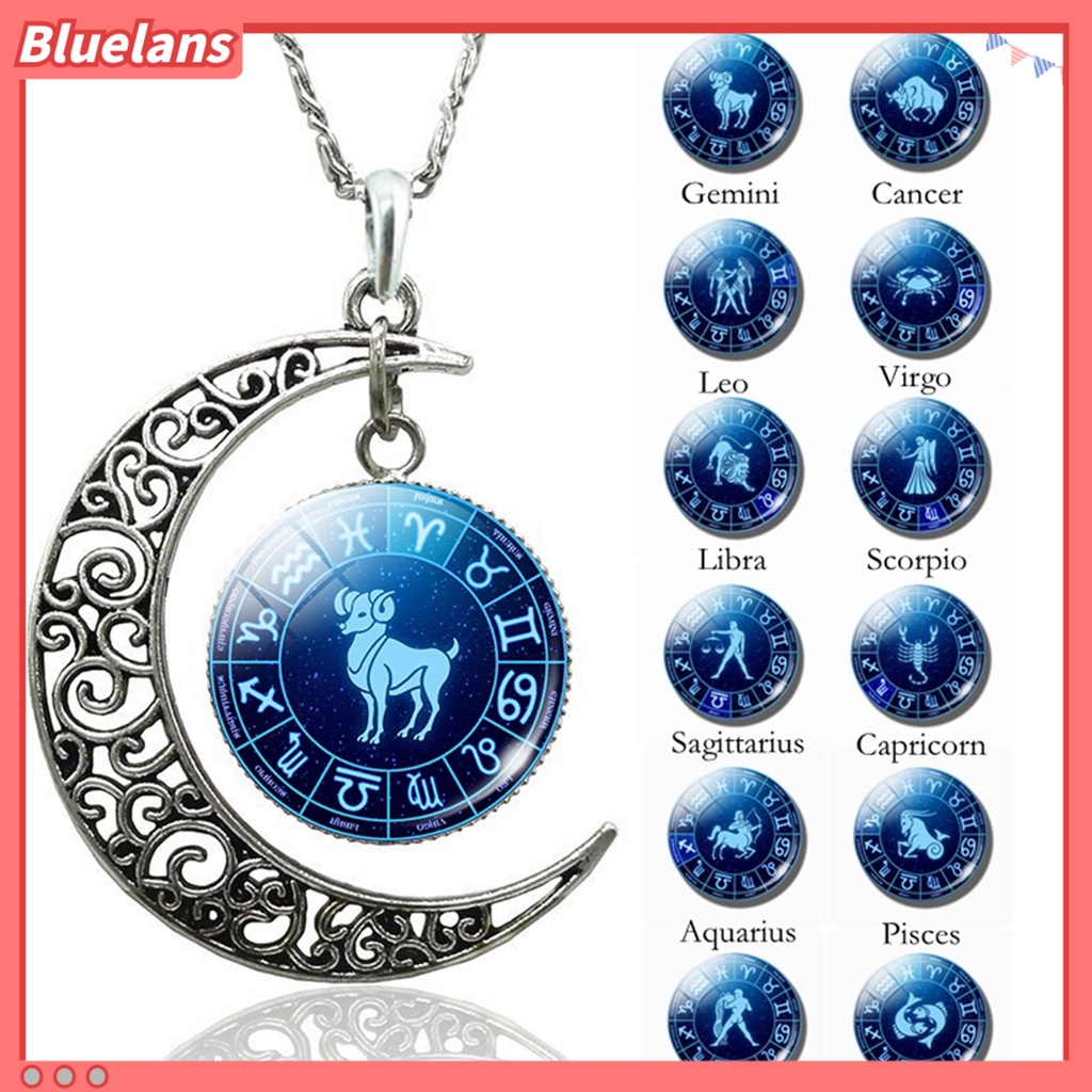 Bluelans Unisex Faux Gem 12 Constellations Hollow Crescent Moon Chain Necklace Jewelry Gift