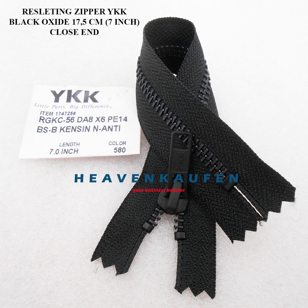 Resleting Zipper YKK 17,5 cm Atau 7 inch Hitam Black Oxide Set Close-End Type Gigi Besi Metal