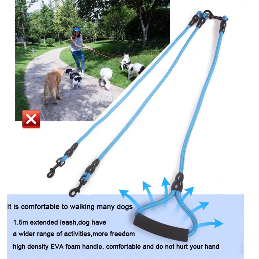 Tali Tuntun Hewan Anjing Kucing / Twin Double Dog Leash - Polos 2 in 1