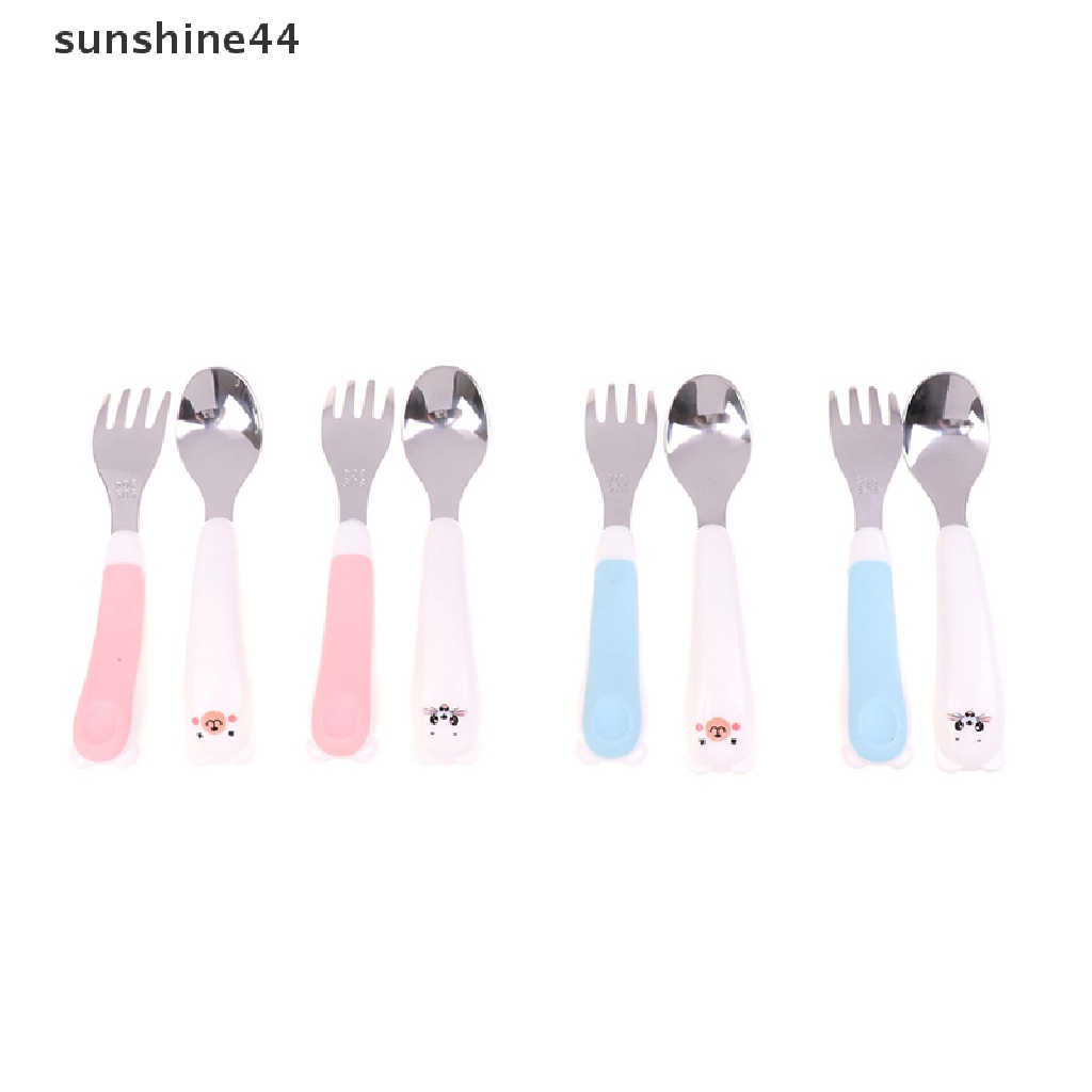 Sunshine Set Sendok + Garpu Portable Bahan Stainless Steel 304 Motif Kartun Untuk Anak