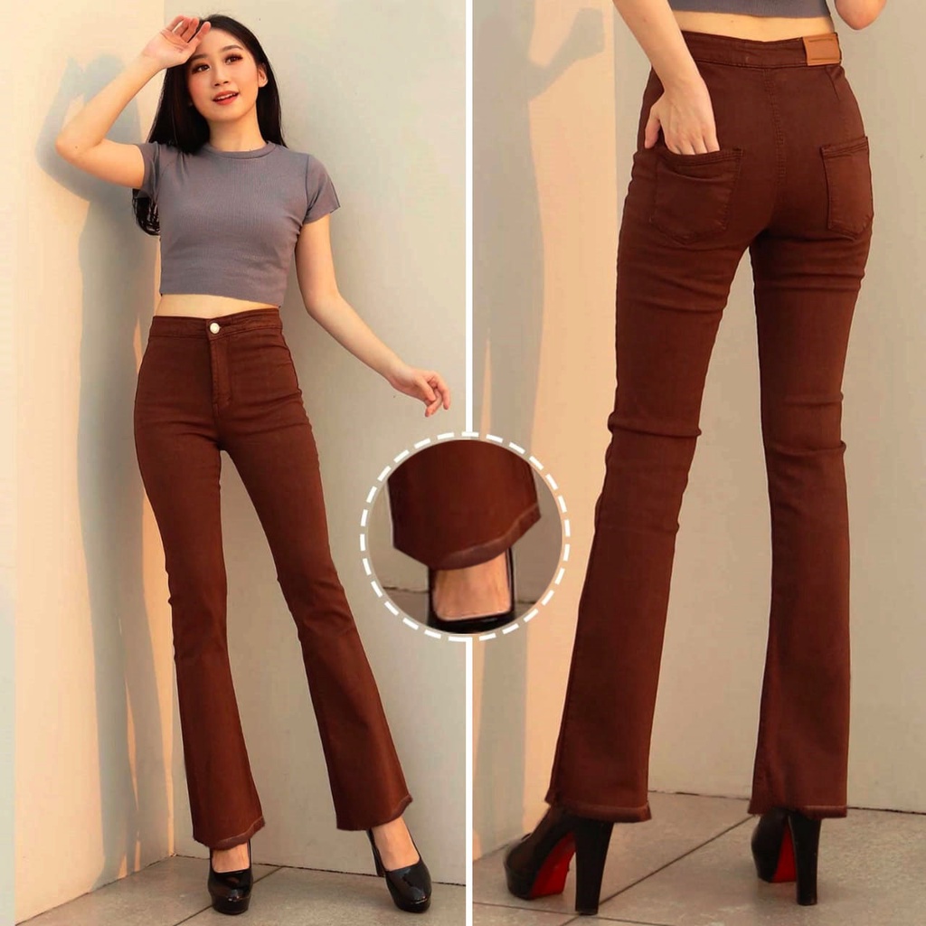 BESS - Celana Cutbray Highwaist Cotton Strench Wanita - COKLAT TUA