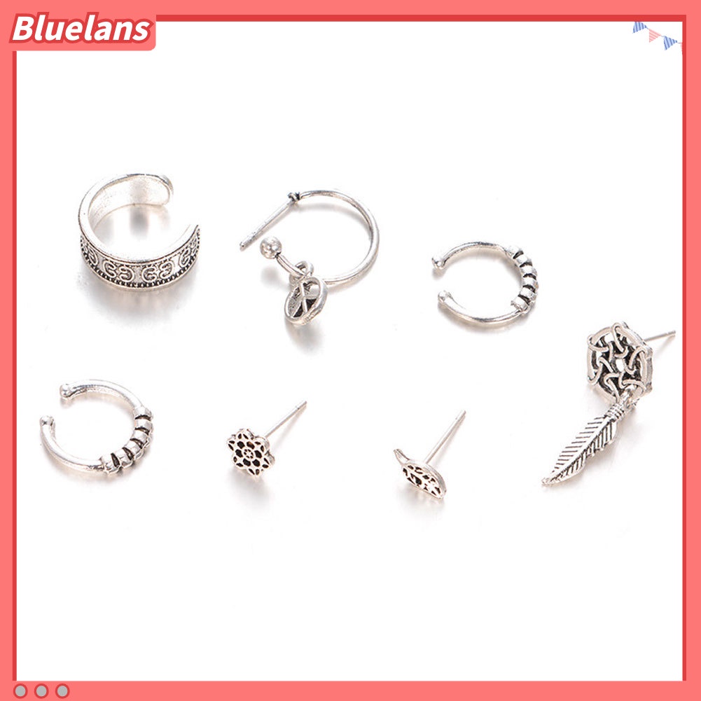 Bluelans 7Pcs Dream Catcher Leaf Ear Cuff Stud Earrings Women Vintage Jewelry Gift