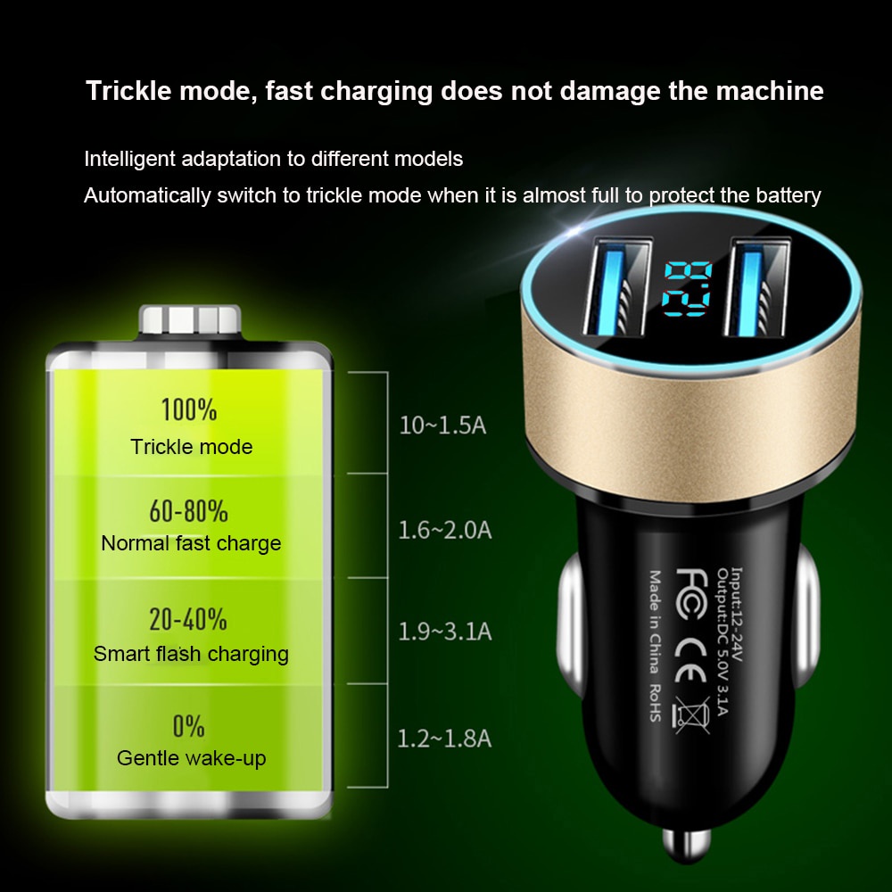 TRIPLEDI Car Charger Quick Charge 3.0 3.1A 2 Port USB QC Fast Charging Casan Mobil Hp 66W Max LED Digital Display Pengisi Daya Ponsel Cas Adapter Handphone IOS Android-3
