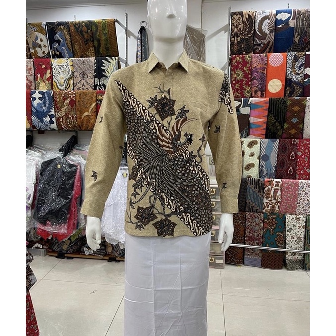 kemeja batik tangan panjang lereng burung cream