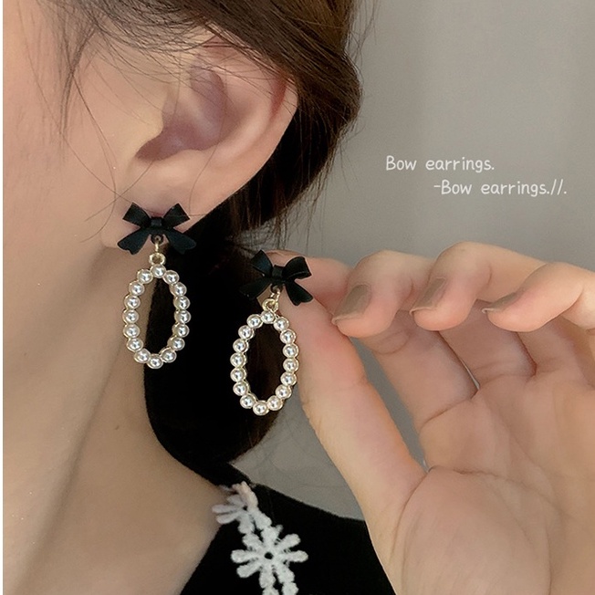 Anting Tusuk Mutiara Hitam Gaya Korea vintage Untuk Wanita