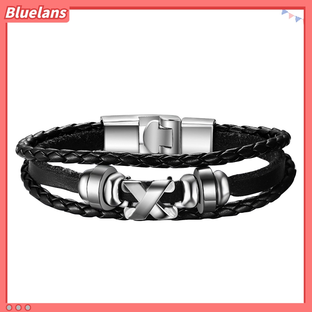 Bluelans Men Fashion Letter X Bracelet Bangle Braid Faux Leather Clasp Jewelry Accessory