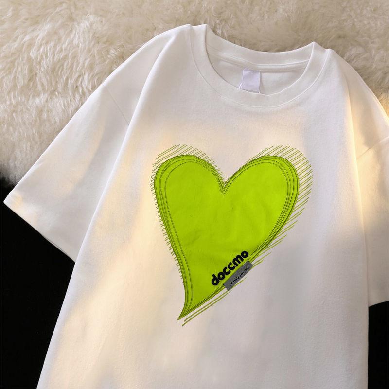 [littlecrab] Kaos Oversize Doccmo Love Hijau Neon Jahit Love Polos T-shirt Couple Unisex Lembut Berkualitas Motif Hati Besar Green Unik Simple Korean Style