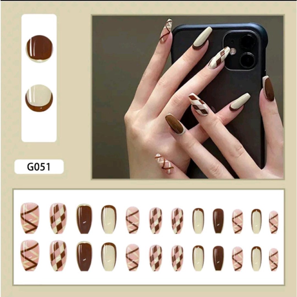 NunuLisaTan - 24pcs kuku palsu pendek nail art kuku palsu jepit kuku set lem kuku palsu kuat nails kuku palsu pendek