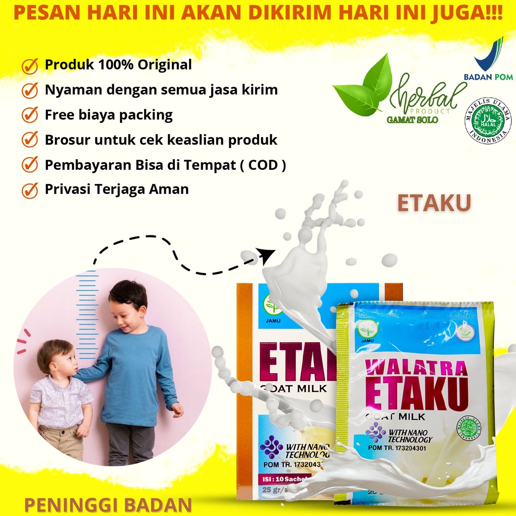 

Peninggi Badan Peningkat Tinggi Badan Membantu Pertumbuhan Tinggi Badan Suplemen Peninggi Badan Vitamin Kesehatan Tubuh Aman Untuk Anak dan Dewasa Susu Kambing Etaku Asli Dikirim di Solo Bisa Bayar di Tempat/COD