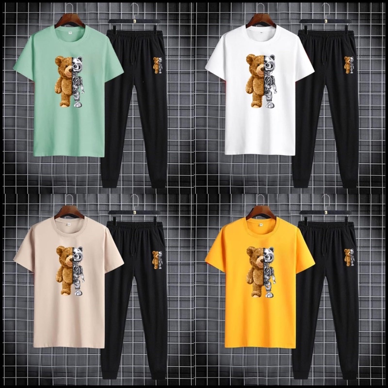 BAJU SETELAN ONE SET PRIA KAOS DAN CELANA JOGER PANJANG COWOK BEAR ROBOT