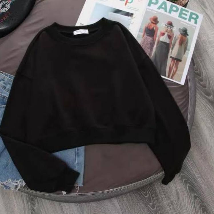 READY sweater crop top oversize polos warna hitam bahan fleece (KODE 7029)