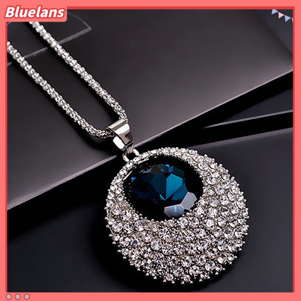 Bluelans Kalung Rantai Panjang Liontin Bulat Aksen Berlian Imitasi Gaya Vintage Untuk Wanita
