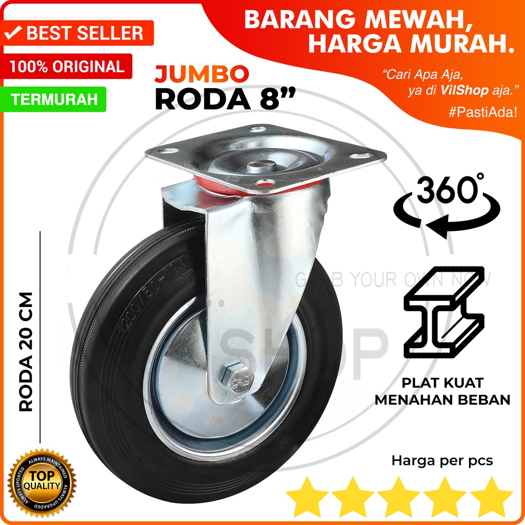 RODA ETALASE CASTER WHEEL 8 INCH 20 CM RODA STEALING STELING ETALASE KACA UNTUK DAGANG 8" KARET RODA