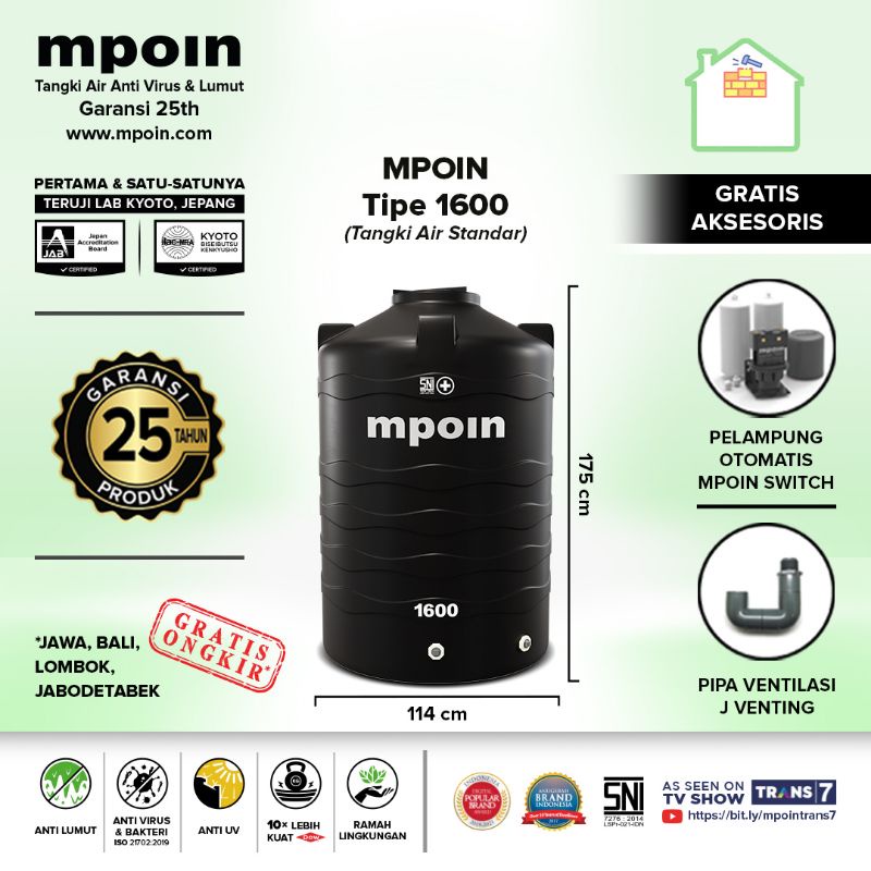 TANGKI AIR / TANDON AIR / TOREN AIR MPOIN PLUS 1600 L ANTI VIRUS ANTI BAKTERI