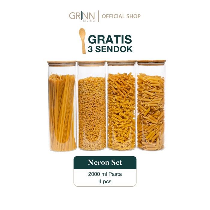 Set Paket* Grinn Living Neron Glass Jar 2000 Ml Toples Pasta Kayu