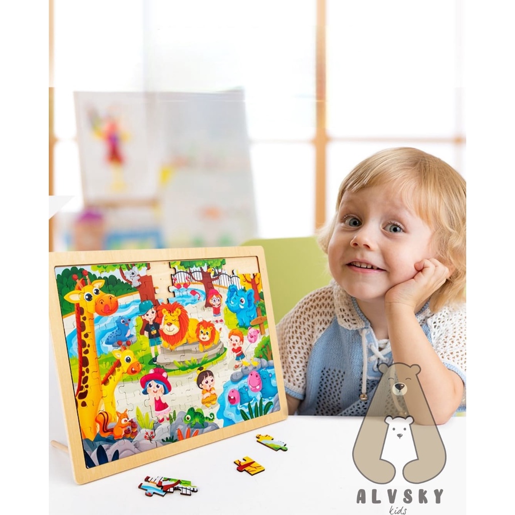 PUZZLE KAYU ANAK 100 PCS / JIGSAW WOODEN PUZZLE 100 PCS DENGAN PAPAN GAMBAR LUCU