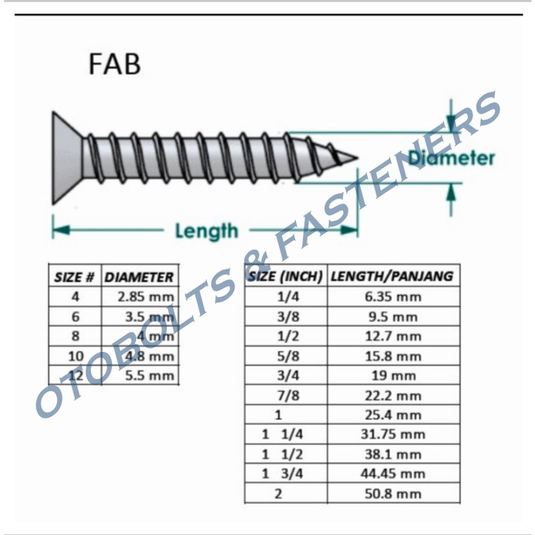 [PAKET 100PCS] Skrup FAB #6 x 1 / Tapping Screw KEPALA RATA