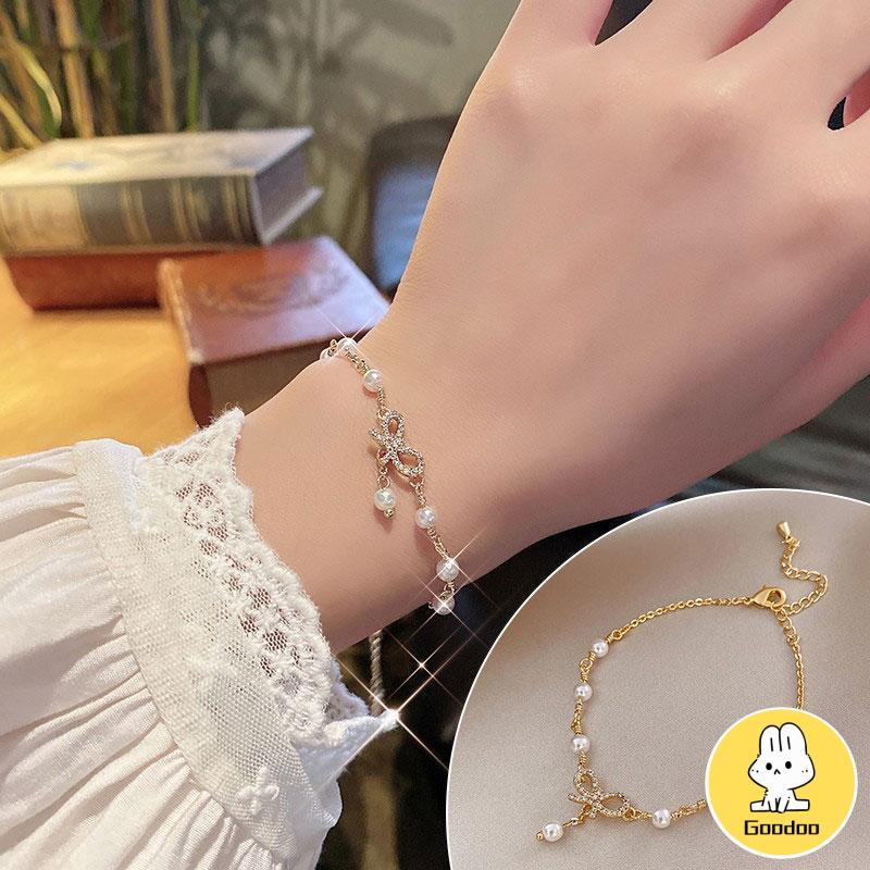 (COD)Gelang Korea Fashion Busur Mutiara Hias Berlian Imitasi Bangle Liar Aksesoris Fashion -Doo