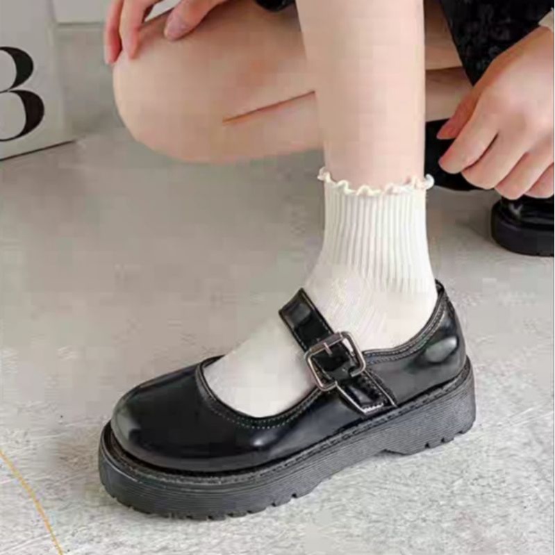 Sepatu Docmart Wanita Hitam Gesper Hak Datar Kasual Import Premium DF 566 Sepatu Flat Loafers Kulit Cewek Kekinian Fashion Korean Style 8045