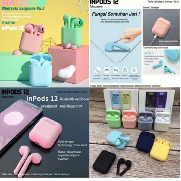 Hengset bluetooth I12 MACARON TWS HEADSET HANDFREE EARPHONE BLUETOOTH WIRELESS Hitam Headset Aerphon