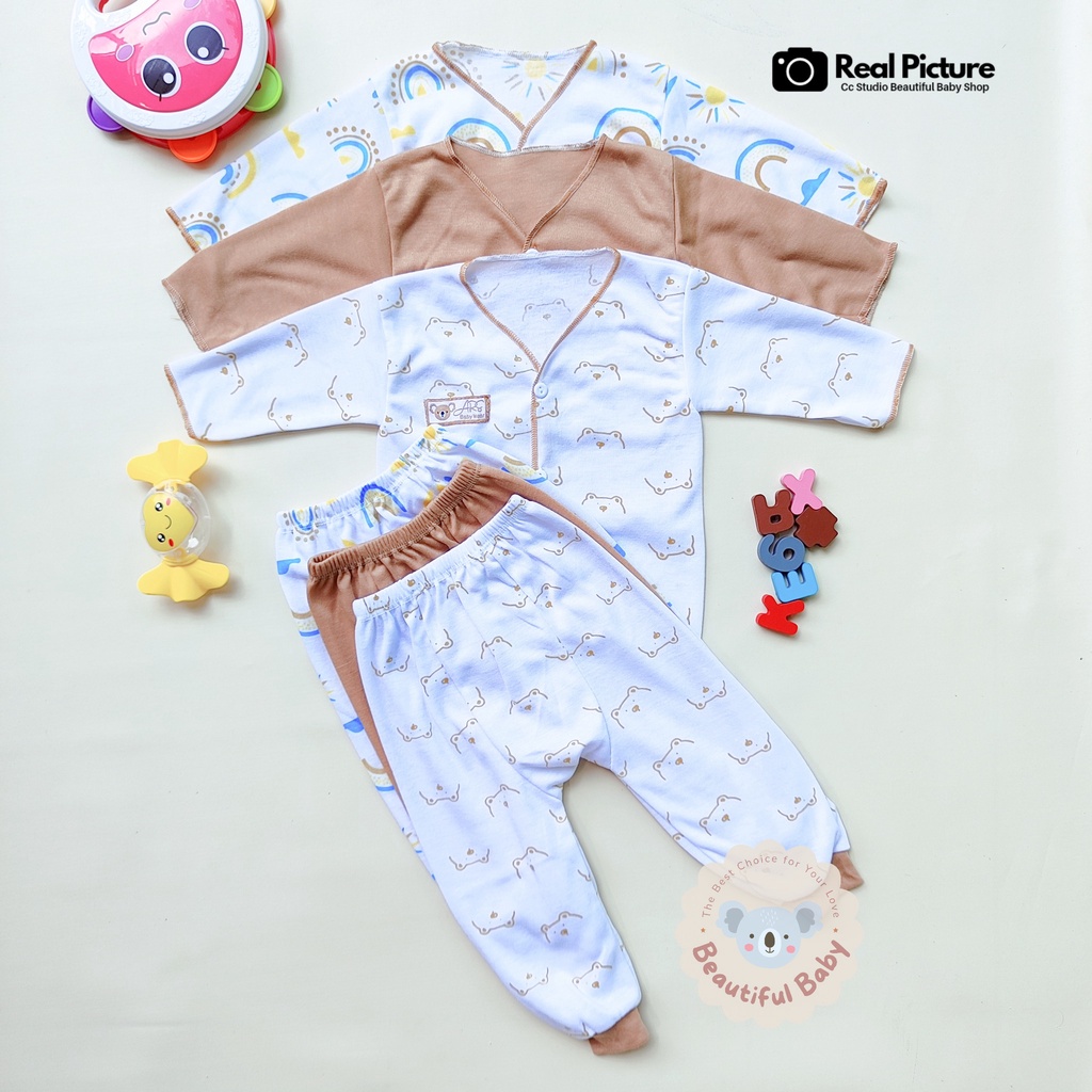 Baby.ou - 3 Stel Setelan Baju Bayi Baru Lahir Tangan Panjang Celana Panjang Usia 0 sd 3 Bulan Motif MOCCA SERIES - Setelan Baju Bayi Newborn Panjang Abu - Celana Panjang Bayi Baru Lahir