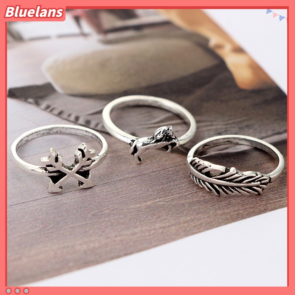Bluelans 12Pcs Leaf Fox Elephant Design Rings Lady Vintage Knuckle Midi Stacking Ring