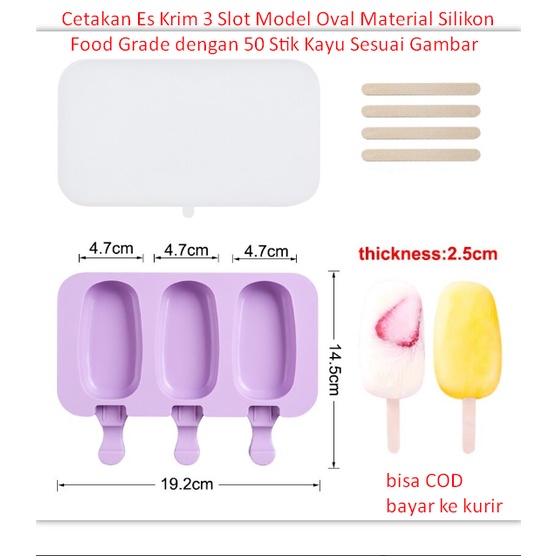 Cetakan Es Krim 3 Slot Model Oval Material Silikon Food Grade dengan 50 Stik Kayu Sesuai Gambar