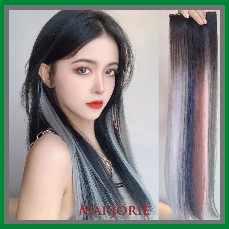 Wig Rambut Palsu Lurus Harian Panjang Warna Gradien Wanita One Piece Wig Sorot Ekstensi Rambut-MJD