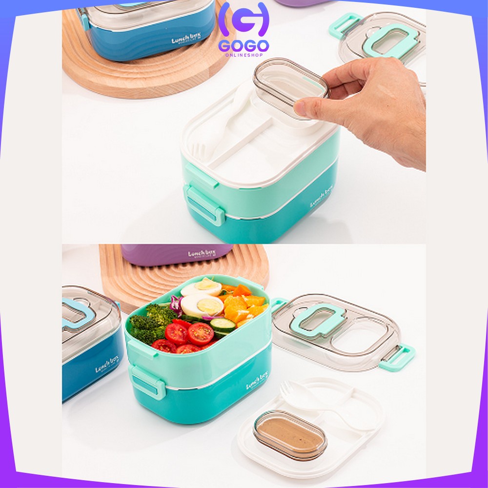 GOGO-C696 Tempat Makan Set 2 Tingkat Anti Tumpah / Lunch Box Susun Free Sendok Portable / Kotak Bento Tingkat Dengan Pegangan Set BPA FREE  VARIASI