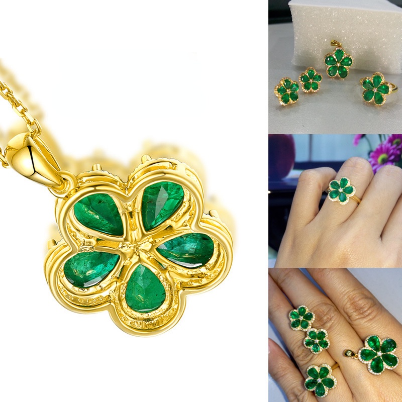 Goldkingdom Fashion Perhiasan 24K Bangkok Aksesoris Ready Stock Set Zamrud Safir Lima Daun Rumput Liontin Gilt Sterling Perak Kalung Hadiah Untuk Wanita