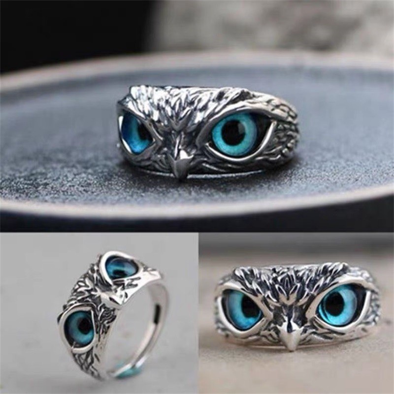 Cincin Desain Mata Burung Hantu Iblis Warna Biru Gaya Vintage Untuk Pria Dan Wanita