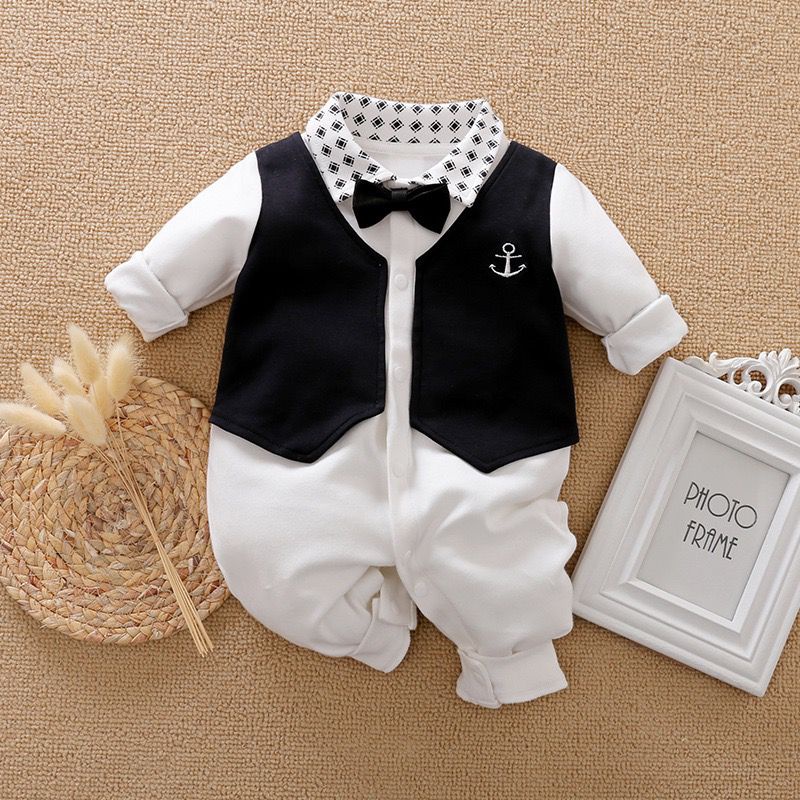 Jumper bayi lakilaki 0-24 bulan tuxedo jangkar putih / baju bayi lengan panjang jumpsuit bayi