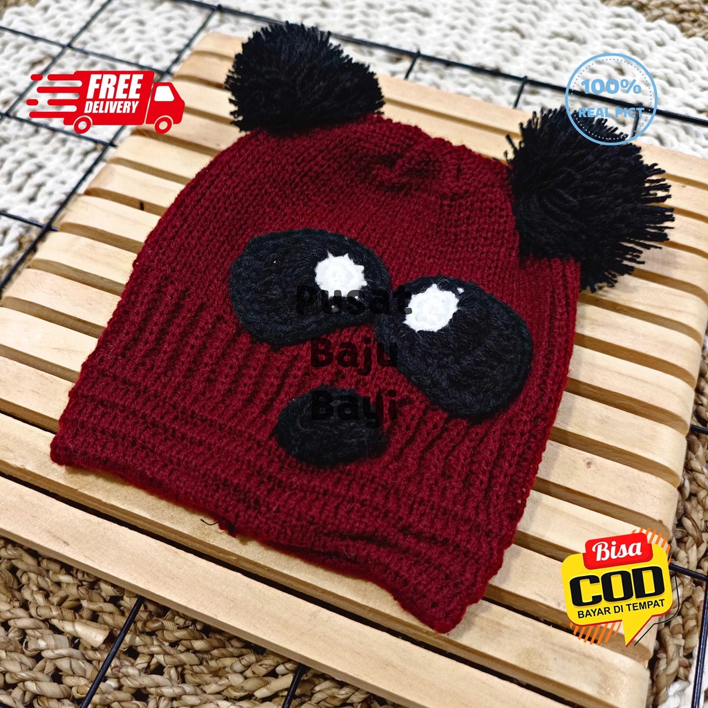 Topi Bayi Kupluk Rajut Premium Panda / Topi Rajut Pompom Panda / Topi Pompom Baby Boy Baby Girl Motif Panda