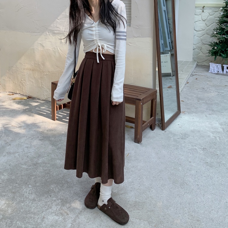 Rok Wanita Terbaru Oversize Korean Style Vintage Rok Plisket Premium Hitam Panjang Korduroi High Waist Rok Selutut