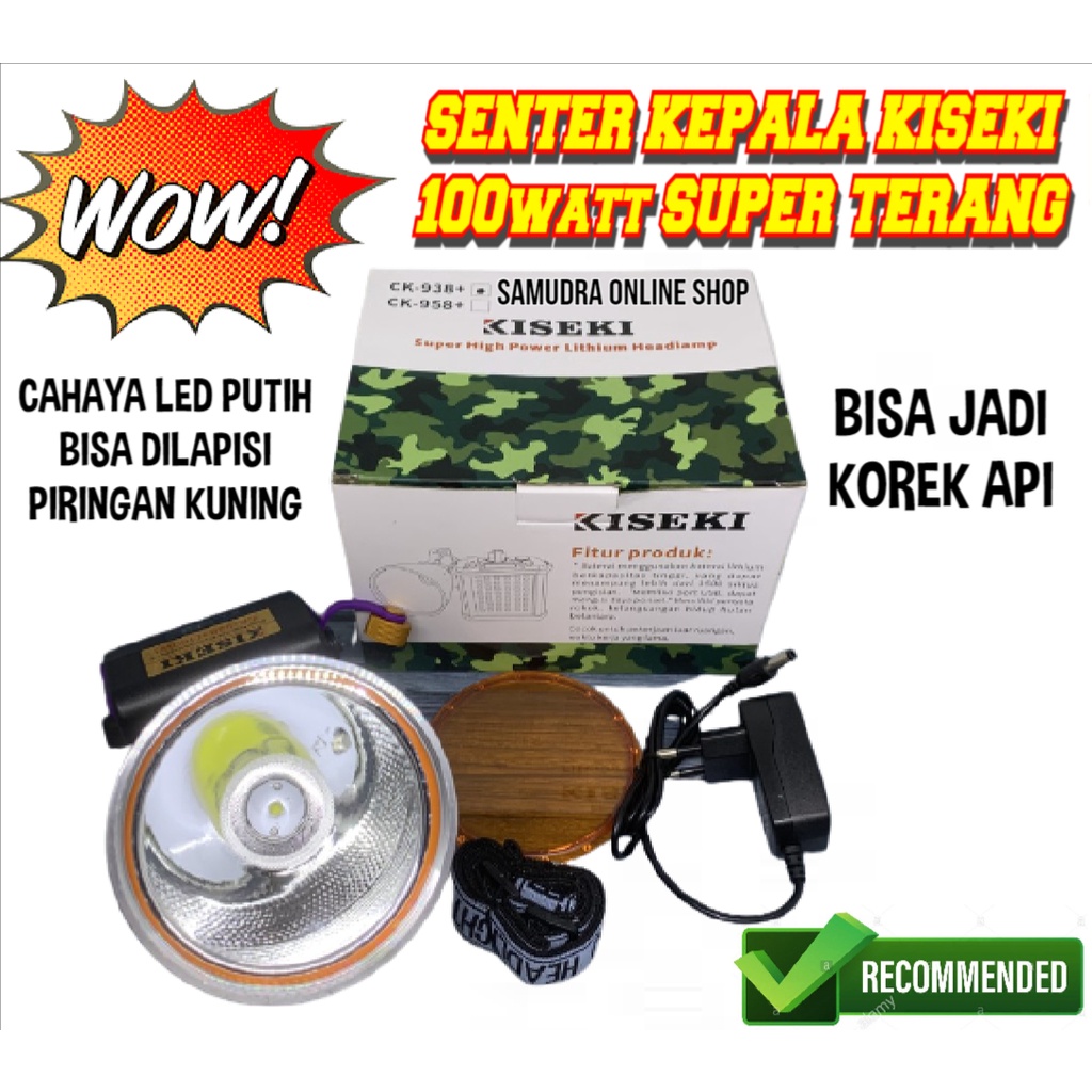 Senter Kepala Kiseki 150 Watt CK-958+ Dengan Aki Bisa Lampu Dan Power Bank Super Terang Senter Kiseki / Senter Kepala 150W Bonus Lensa Kuning