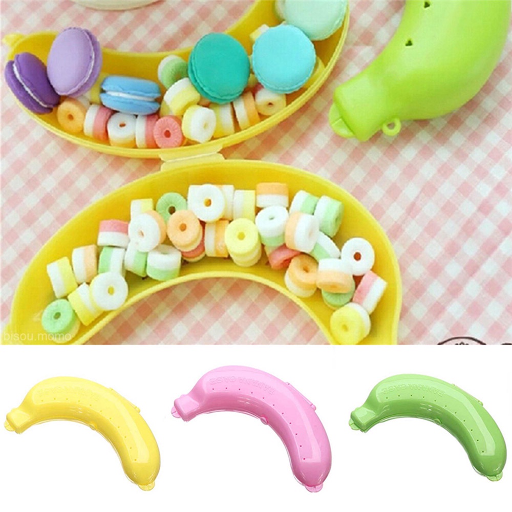 ღ Lucu 3 Warna Buah Pisang Pelindung Kotak Penyimpanan Case Kids Membawa Wadah Makanan Ringan Permen Dudukan Portabel Perjalanan Luar Ruangan makan Siang Buah Kotak Penyimpanan Case