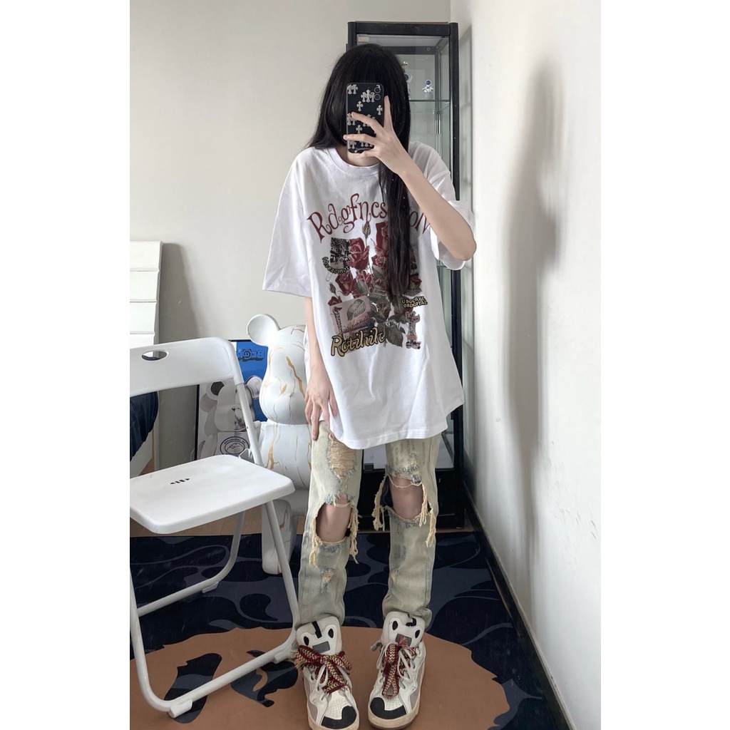 EUNII T-shirt Lengan Pendek Retro Mawar Pencetakan Longgar Korean Style/Kaos Atasan Wanita/Baju Kaus Oversize Wanita