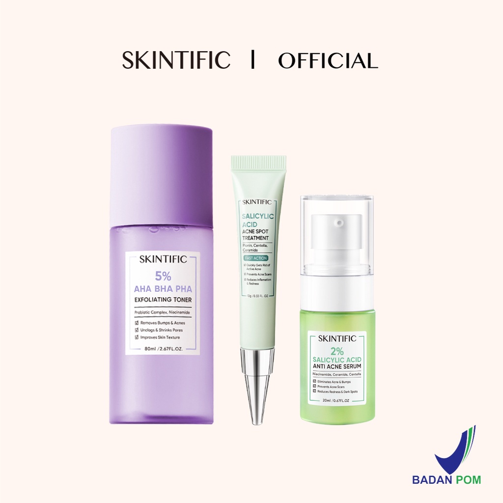 SKINTIFIC - Salicylic Acid Acne Treatment Kit with Acne Serum + Acne Spot Gel Totol Jerawat +  5% Aha Bha Pha Exfoliating Toner【BPOM】