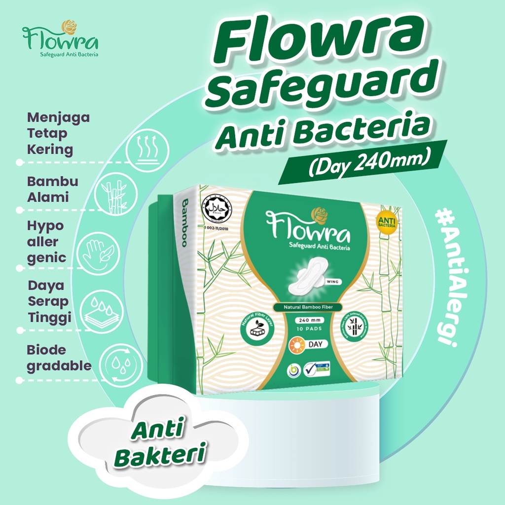 Pembalut Flowra Safeguard Day 240 mm, Pembalut dari Serat Bambu Alami, Anti Bakteri