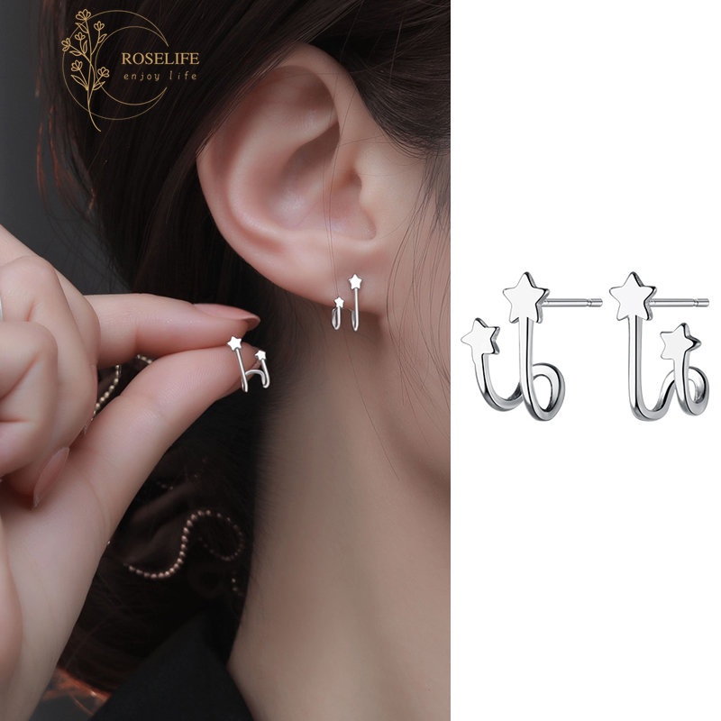 Roselife 1 Pasang Anting Tusuk Silver Wanita Desain Bintang Ganda Gaya Korea