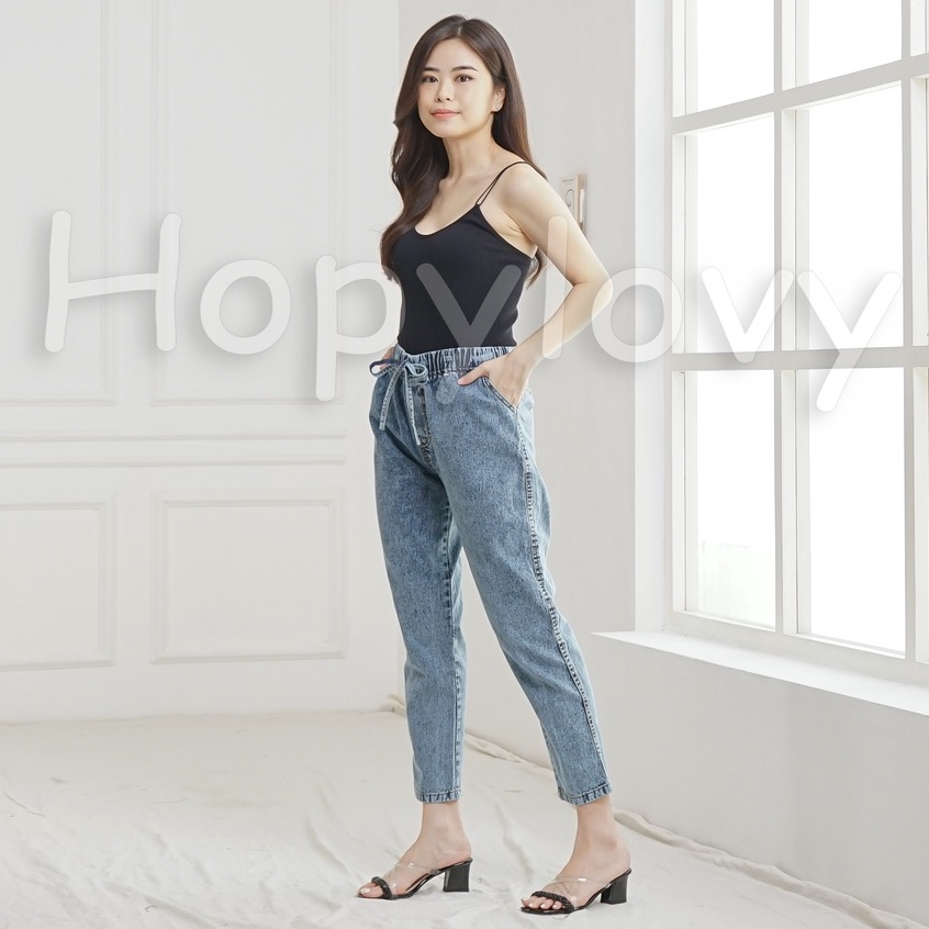 HOPYLOVY Celana Boyfriend Jeans Wanita Pinggang Karet BF Snow Eva